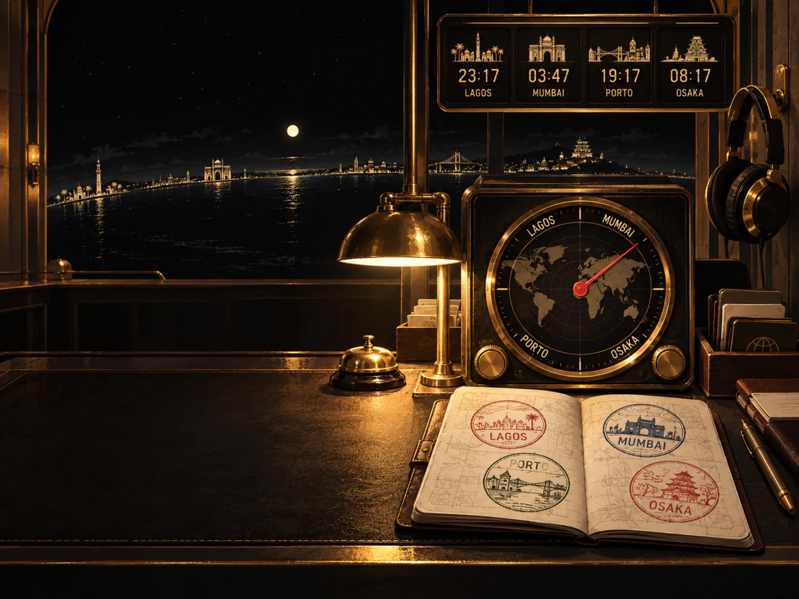 The Keeper’s desk at night: an open passport with city stamps, a radio dial, a departures strip, a brass bell and a lamp